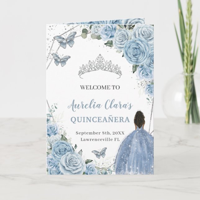 Baby Blue Floral Quinceanera Brown Princess Events Programme (Front)