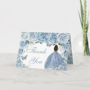 Baby Blue Floral Quinceañera Brown Princess Thank You Card