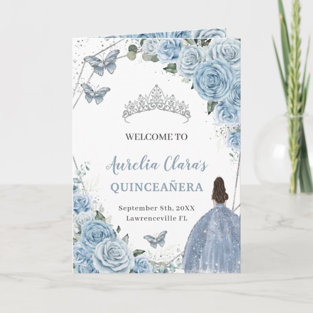 Baby Blue Floral Quinceanera Princess Butterflies  Programme (Front)