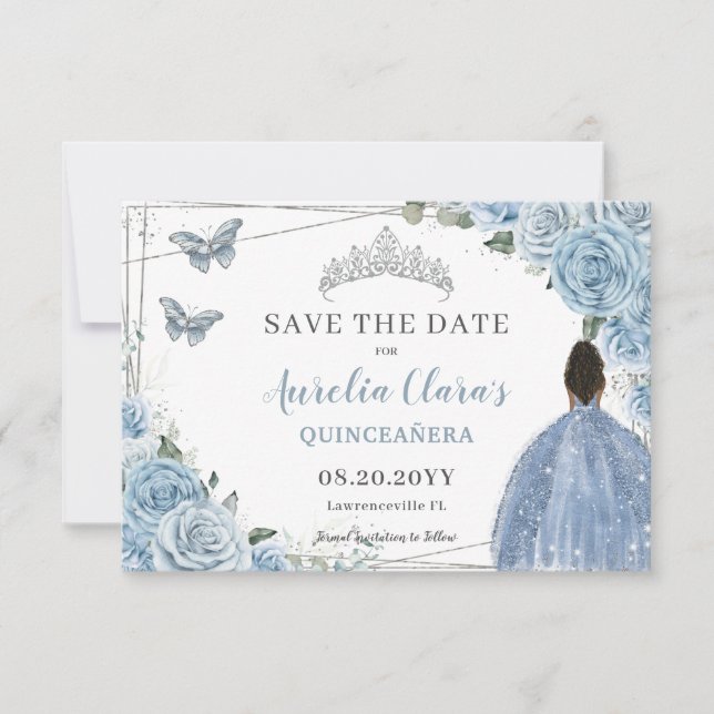 Baby Blue Floral Quinceanera Sweet 16 Brown Girl Save The Date (Front)