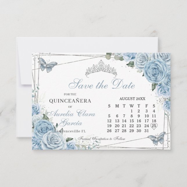 Baby Blue Floral Quinceanera Sweet 16 Calendar Save The Date (Front)