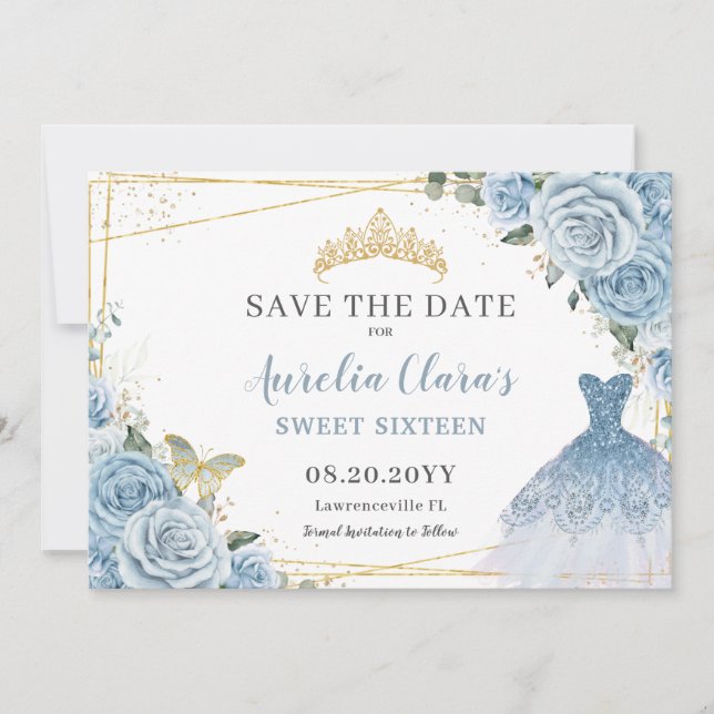 Baby Blue Floral Quinceanera Sweet Sixteen Dress Save The Date (Front)