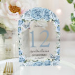 Baby Blue Floral Quinceañera XV 16 Table Number<br><div class="desc">This exquisite acrylic table number features a beautiful baby blue floral design in an arch shape. Easily personalise each table number by clicking the "Edit Using Design Tool" button to re-arrange and format the text to your liking. Choose from two exquisite finishes: Clear or Frosted, and select between two stylish...</div>