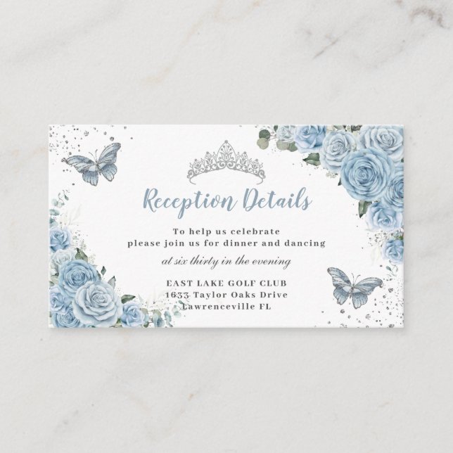 Baby Blue Floral Rose Silver Quinceañera Reception Enclosure Card (Front)