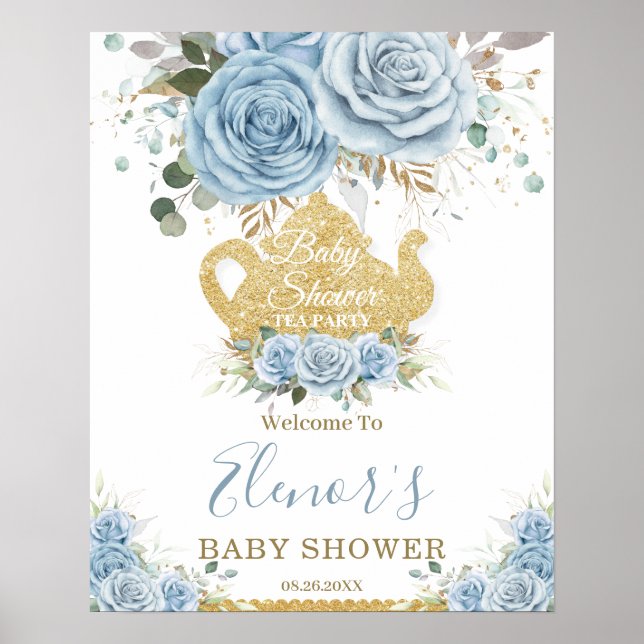 Baby Blue Floral Roses Baby Shower High Tea Party Poster (Front)