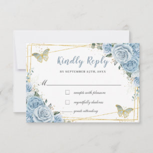 Baby Blue Floral Roses Gold Quinceañera Butterfly RSVP Card