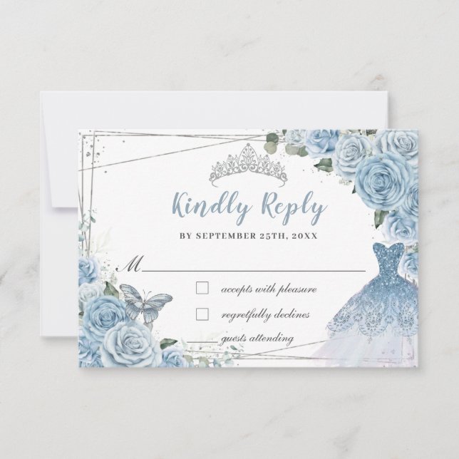 Baby Blue Floral Roses Quinceañera Butterfly Dress RSVP Card (Front)