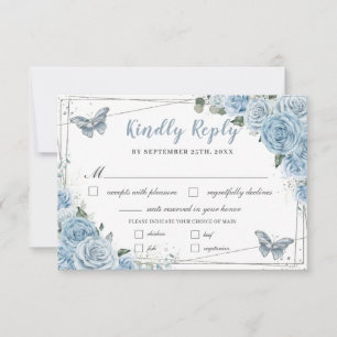Baby Blue Floral Roses Quinceañera Butterfly Meal RSVP Card