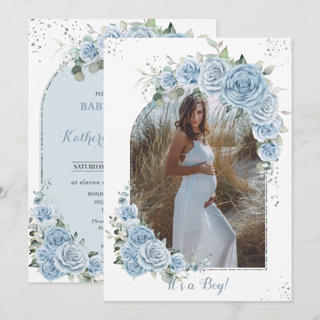 Baby Blue Floral Silver Baby Shower Photo Arch Invitation (Front/Back)
