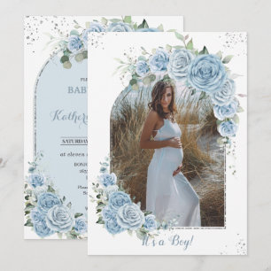 Baby Blue Floral Silver Baby Shower Photo Arch Invitation