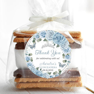 Baby Blue Floral Silver Butterflies Princess Favor Classic Round Sticker