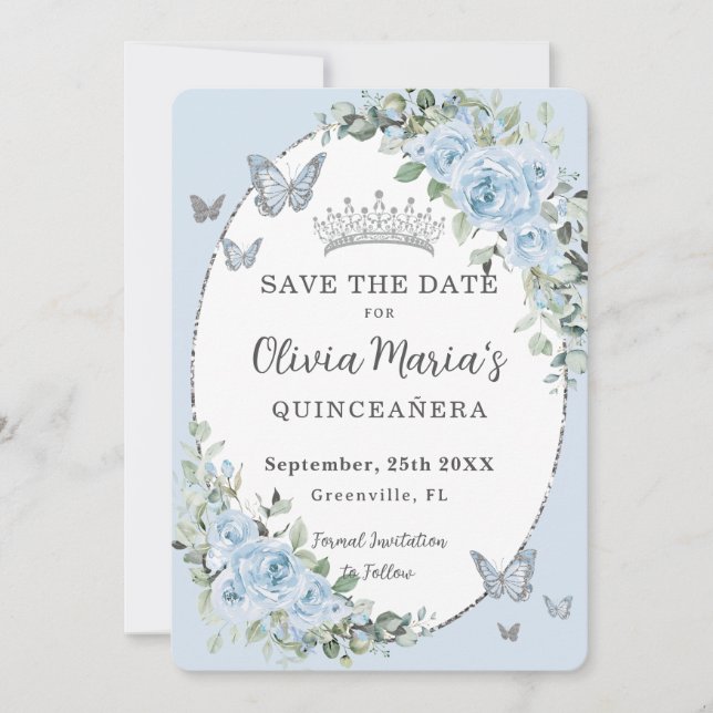 Baby Blue Floral Silver Butterflies Quinceañera Save The Date (Front)