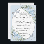 Baby Blue Floral Silver Butterflies Quinceañera Save The Date<br><div class="desc">Personalise this pretty baby blue floral Quinceañera / Sweet 16 / Cincoañera birthday save the date easily and quickly. Simply click the customise it further button to edit the texts, change fonts and fonts colours. Featuring beautiful watercolor baby blue flowers, silver and blue butterflies and a silver princess crown. Matching...</div>