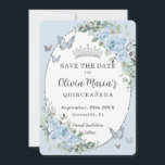 Baby Blue Floral Silver Butterflies Quinceañera Save The Date<br><div class="desc">Personalise this pretty baby blue floral Quinceañera / Sweet 16 / Cincoañera birthday save the date easily and quickly. Simply click the customise it further button to edit the texts, change fonts and fonts colours. Featuring beautiful watercolor baby blue flowers, silver and blue butterflies and a silver princess crown. Matching...</div>