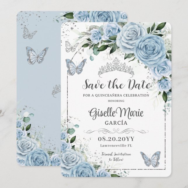 Baby Blue Floral Silver Quinceañera Butterflies Save The Date (Front/Back)