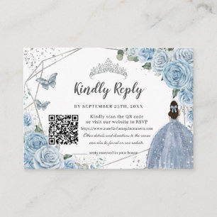 Baby Blue Floral Silver Quinceañera QR Code RSVP Enclosure Card