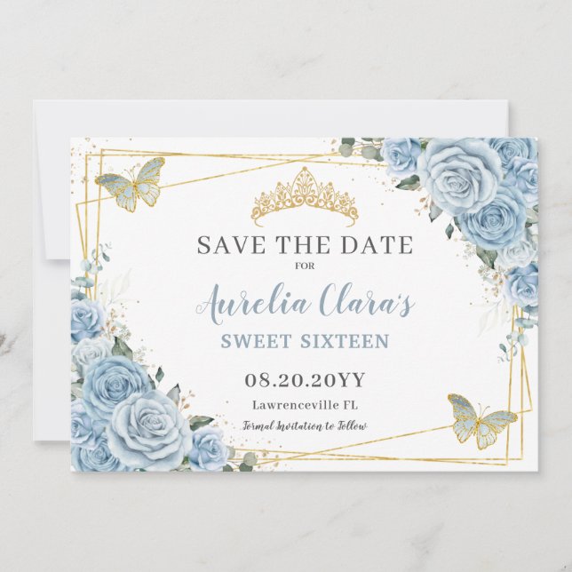 Baby Blue Floral Sweet Sixteen Quince Butterflies Save The Date (Front)