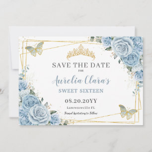 Baby Blue Floral Sweet Sixteen Quince Butterflies Save The Date
