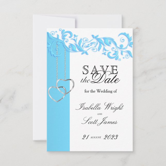 Baby Blue Floral Swirl and White -  Save The Date (Front)