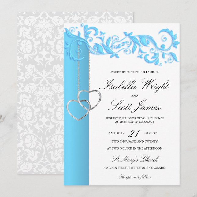 Baby Blue Floral Swirl and White Wedding Invitation (Front/Back)