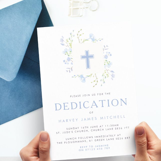 Baby Blue Floral Wreath & Cross Baby Dedication Invitation (Creator Uploaded)