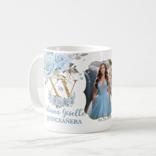 Baby Blue Floral XV QUINCEAÑERA Quince 15 Photo Coffee Mug (Front Left)