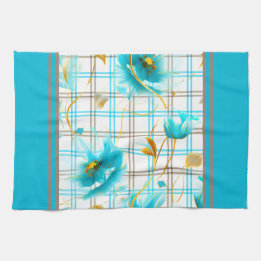 Baby Blue Flowers On A Plaid Background Tea Towel