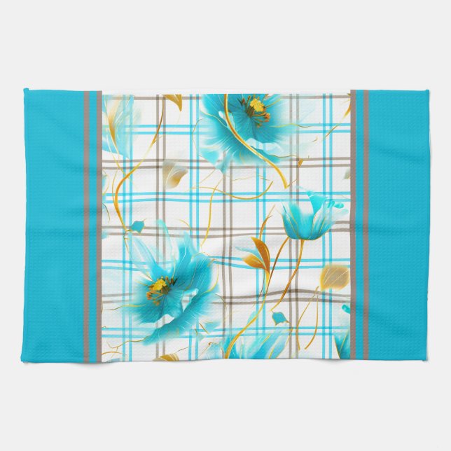 Baby Blue Flowers On A Plaid Background Tea Towel (Horizontal)