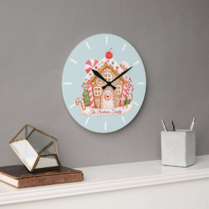 Baby Blue Gingerbread House Holiday Family Name Large Clock
