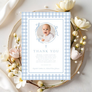 Baby Blue Gingham Photo Boy Baptism Thank You Card