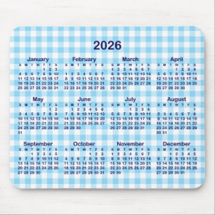 Baby Blue Gingham Plaid 2026 Calendar Mouse Mat