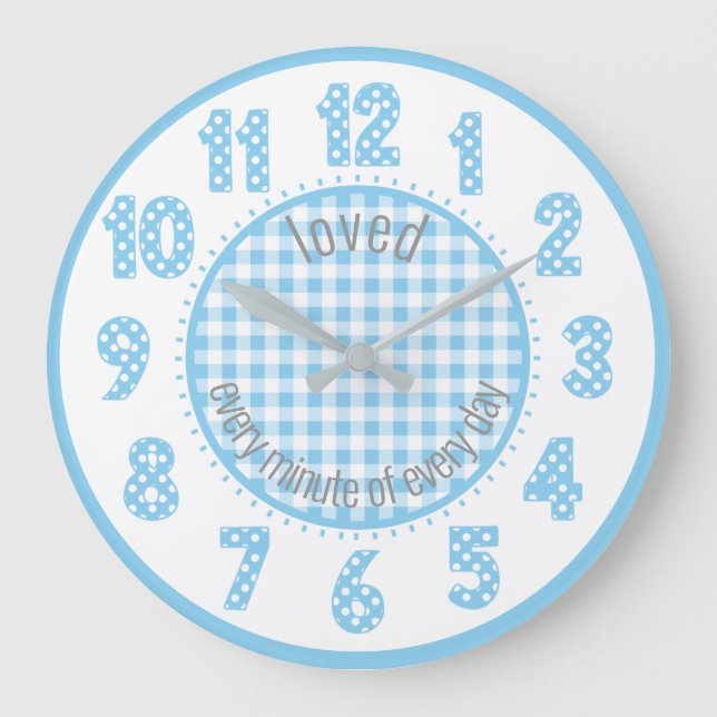 Baby Blue Gingham Polka Dot Numbers Nursery Clock (Front)