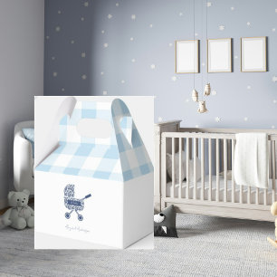 Baby Blue Gingham Pram Baby Shower Favour Box