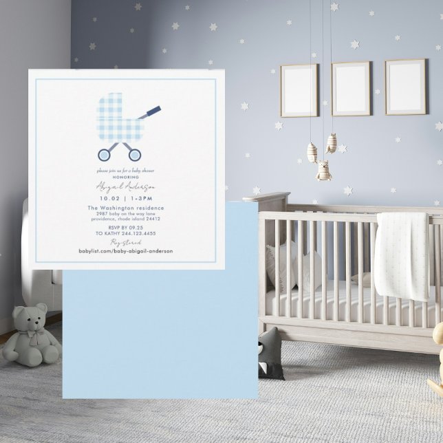 Baby Blue Gingham Pram Baby Shower Square  Invitation (Creator Uploaded)