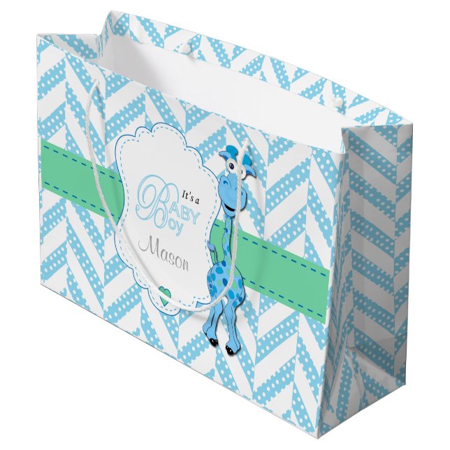 Baby Blue Giraffe Baby Shower 2 Large Gift Bag (Back Angled)