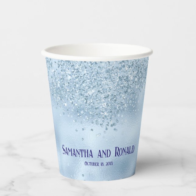 Baby Blue Glitter & Foil Wedding Paper Cups (Front)