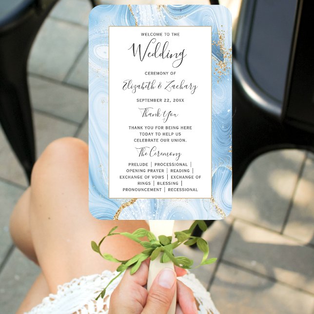 Baby Blue Gold Agate Wedding Program Hand Fan (Creator Uploaded)