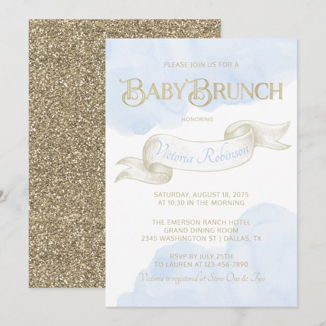 Baby Blue Gold Boy Baby Shower Brunch Invitation (Front/Back)