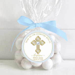 Baby Blue Gold Boy Baptism Classic Round Sticker