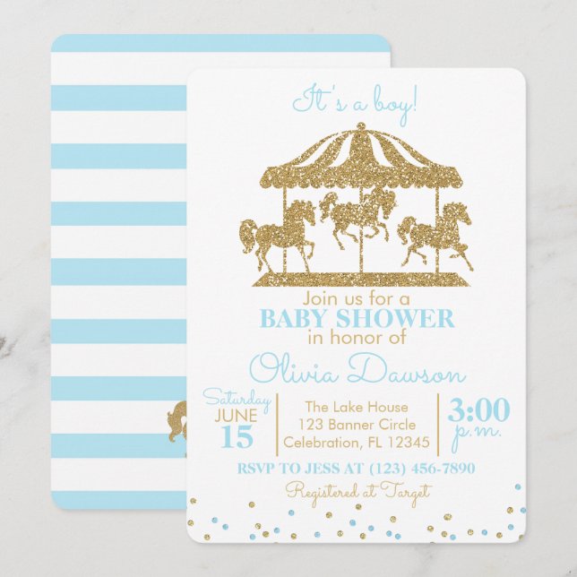 Baby Blue & Gold Carousel Boy Baby Shower Invitation (Front/Back)