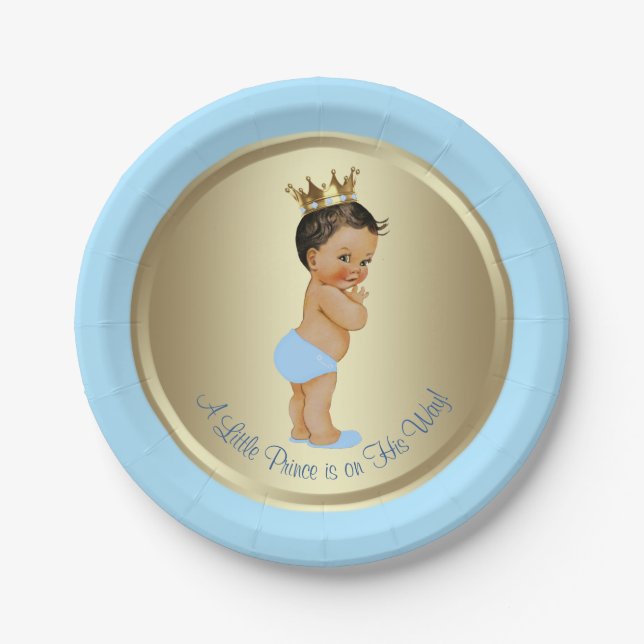 Baby Blue Gold Ethnic Hispanic Prince Baby Shower Paper Plate (Front)