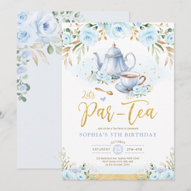 Baby Blue Gold Floral Girls Birthday Tea Party Invitation (Front/Back)