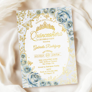 Baby Blue Gold Floral Quinceanera