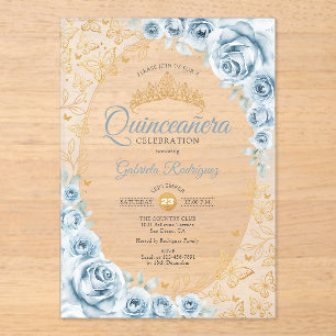 Baby Blue Gold Floral Quinceanera Acrylic Invitations