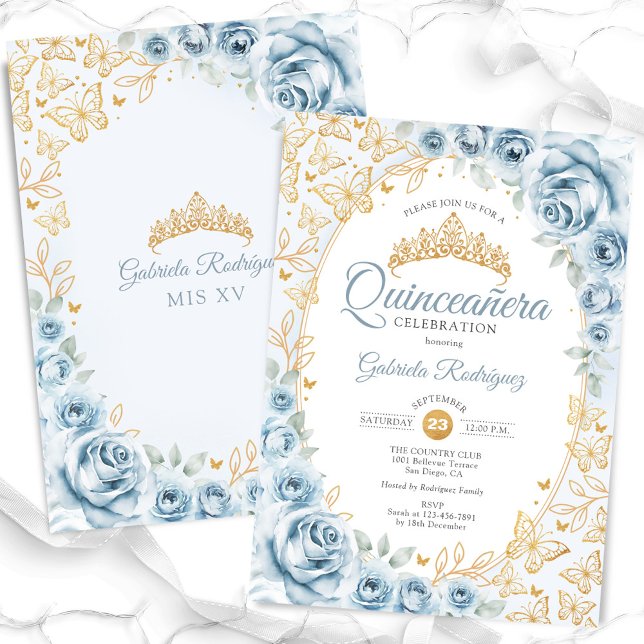 Baby Blue Gold Floral Quinceanera Invitation (Creator Uploaded)
