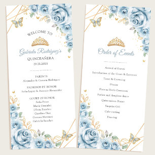 Baby Blue Gold Floral Quinceanera Order of Events Programme