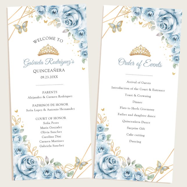 Baby Blue Gold Floral Quinceanera Order of Events Programme (Creator Uploaded)