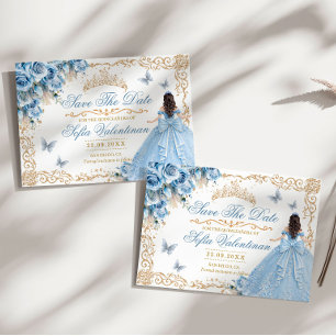 Baby Blue Gold Floral Quinceanera Save The Date