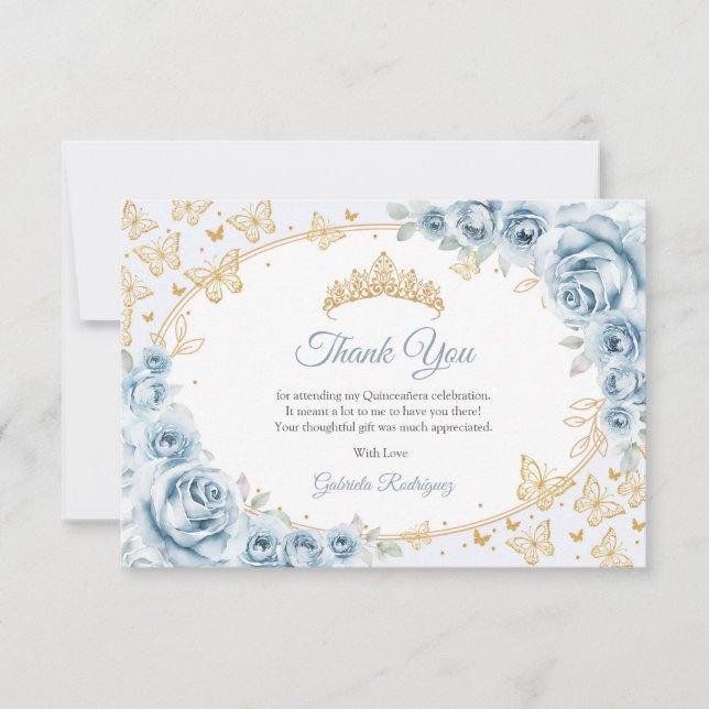 Baby Blue Gold Floral Quinceanera Thank You Card (Front)