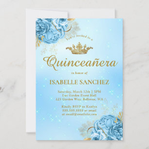 Baby Blue Gold Floral Tiara Quinceanera Invitation